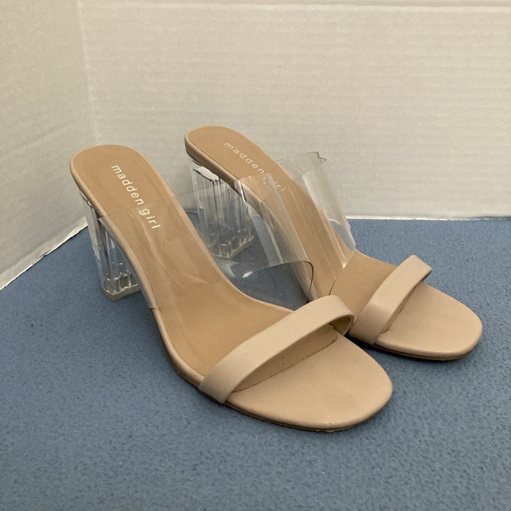 Madden Girl by Steve Madden Averie Beige Clear Block Heels w/Clear Stap - SZ 8.5
